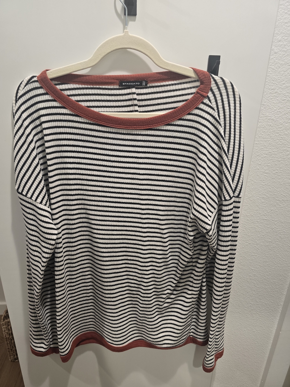 Stradivarius Black & White Striped Crew Sweater with Rust Trim